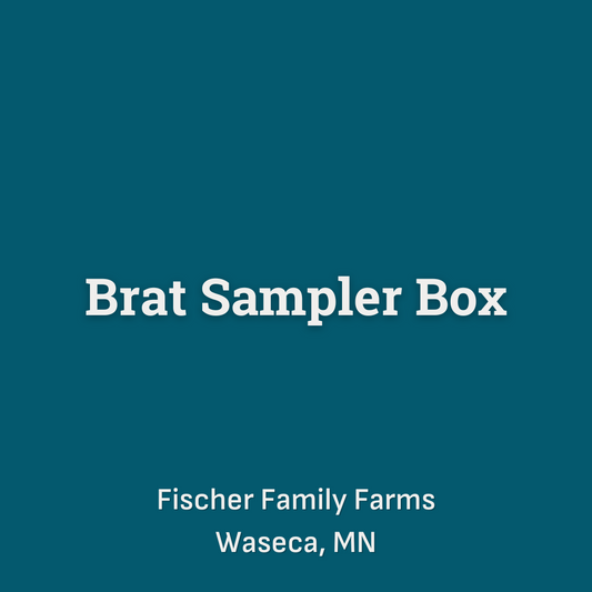 Brat Sampler Box including 1 Original Fresh Brats, 1 Bacon Brats, 1 Pepper Jack Brats, 1 Cheddar Brats, 1 Northwoods Double Smoked Brats, 1 German Brats, 1 Sauerkraut Brats